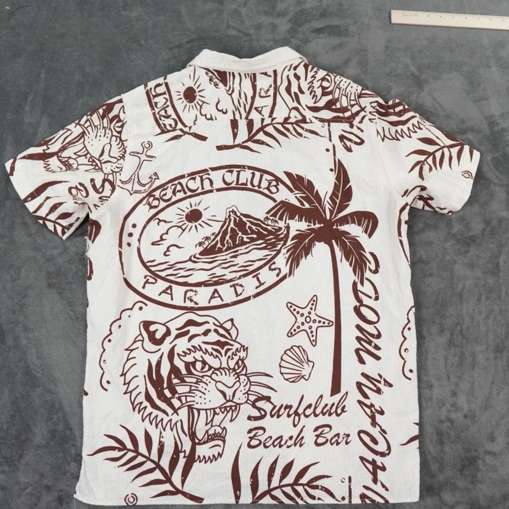 Distortion Hawaiian Tiger Shirt Men L Cream Beach‎ Club Bar Graphic Streetwear